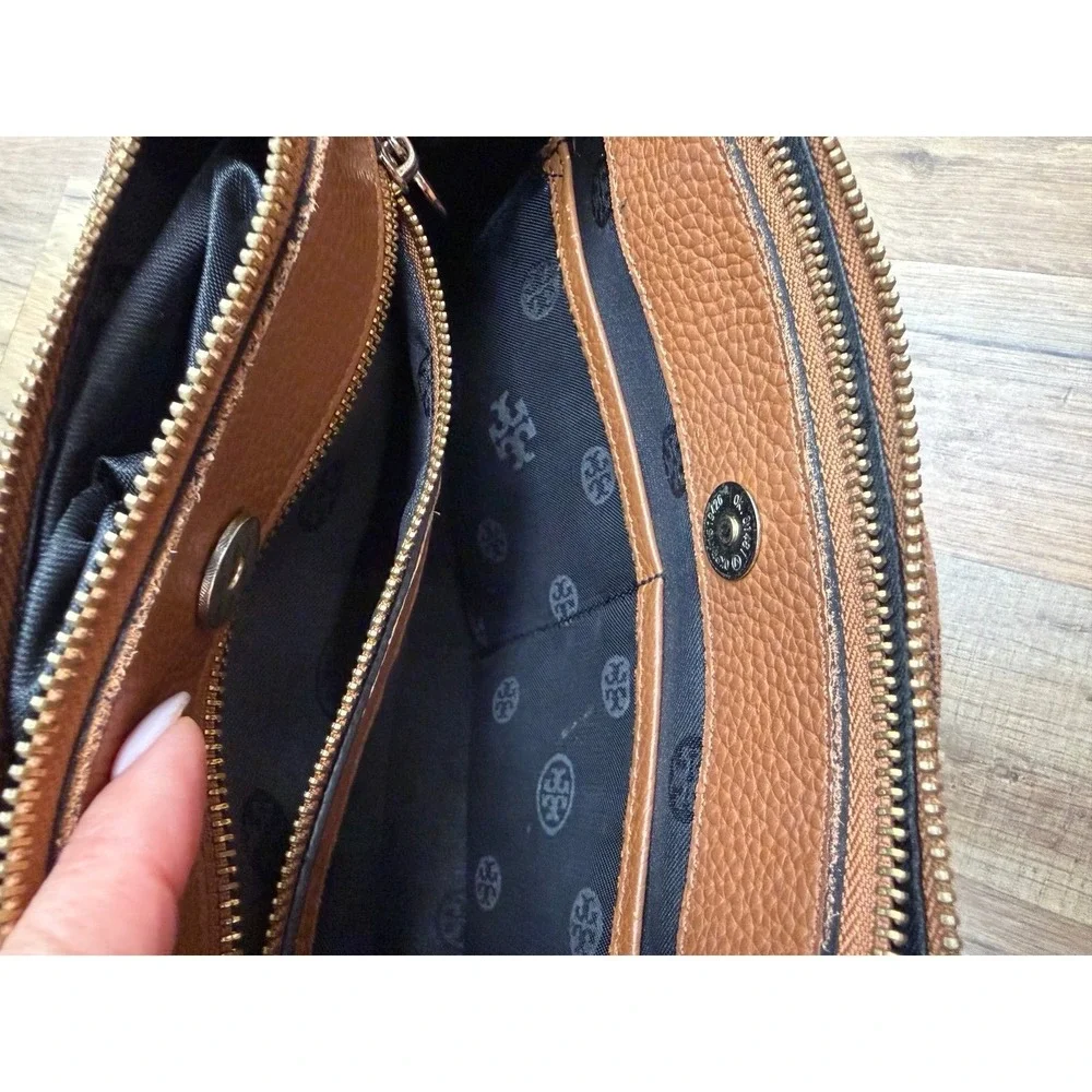 Tory Burch Brown Leather Satchel Crossbody Double Zip Logo Bag